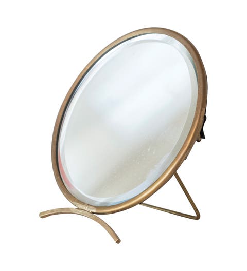 Brass Round Mirror On Stand in Antique Finish, Gold