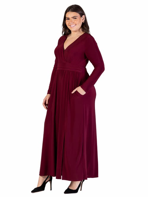 24seven Comfort Apparel Plus Size Long Sleeve V Neck Side Slit Maxi Dress In Burgundy