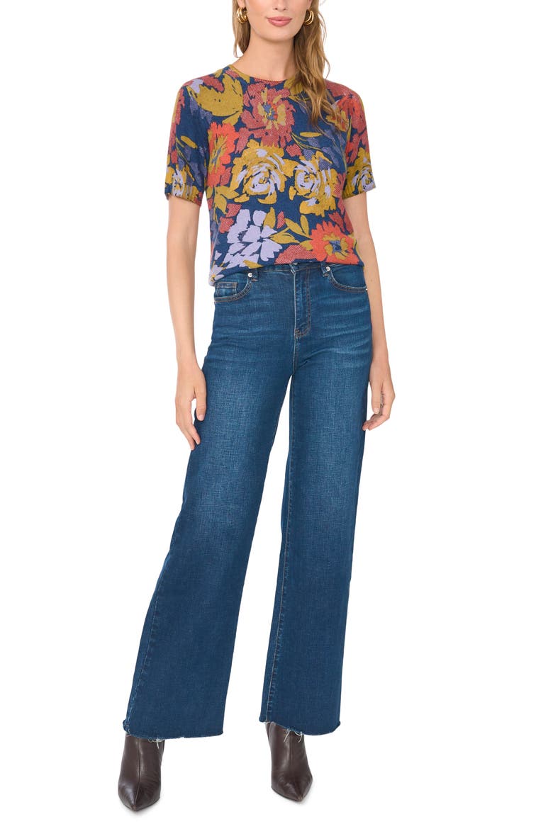Floral Short Sleeve Sweater, Alternate, color, CLASSIC NAVY