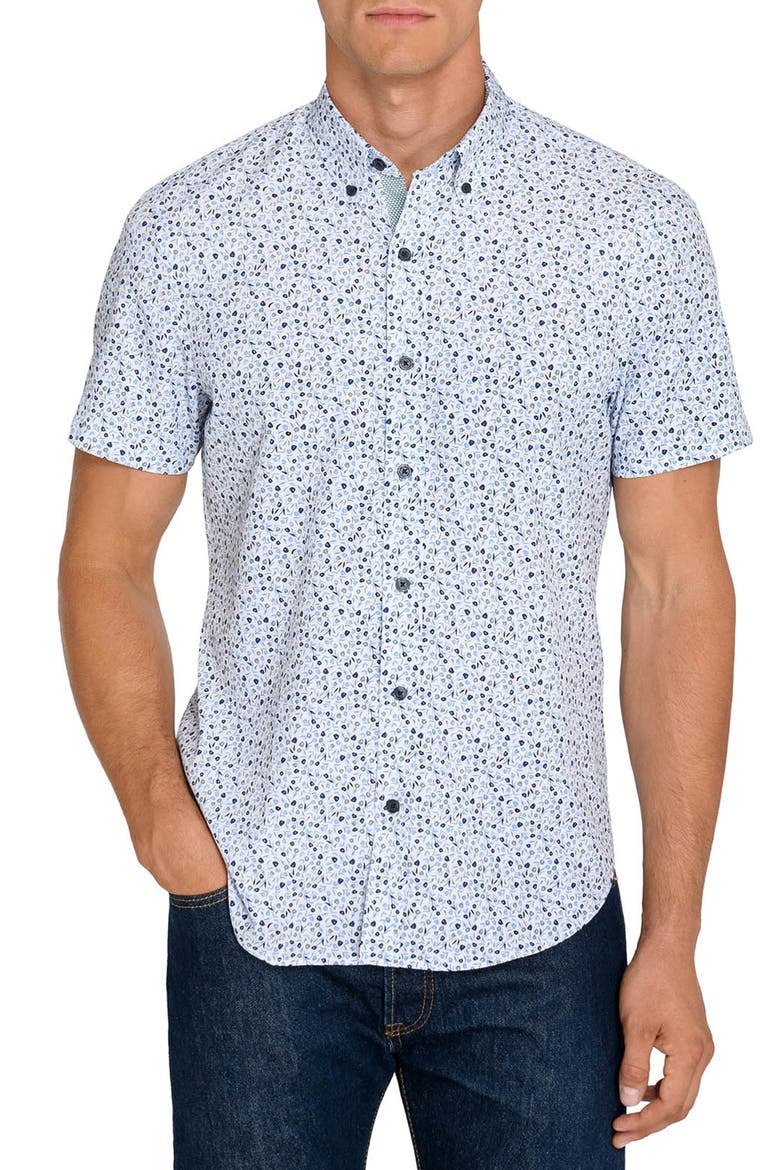 Tulip Floral Short Sleeve Stretch Button-Up Shirt, Main, color, WHITE/ BLUE