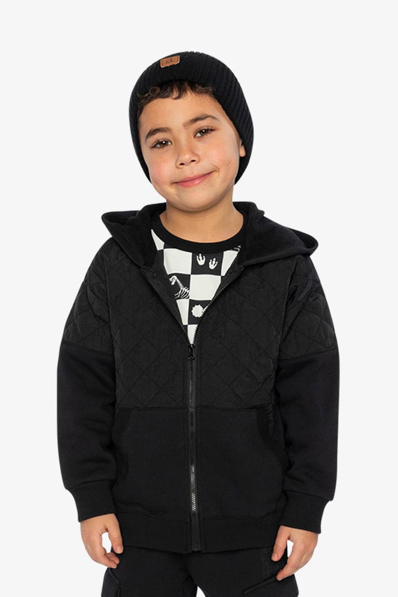 Full Zip Hooded Quilted Chest Panel Cardigan, Alternate, color, Black