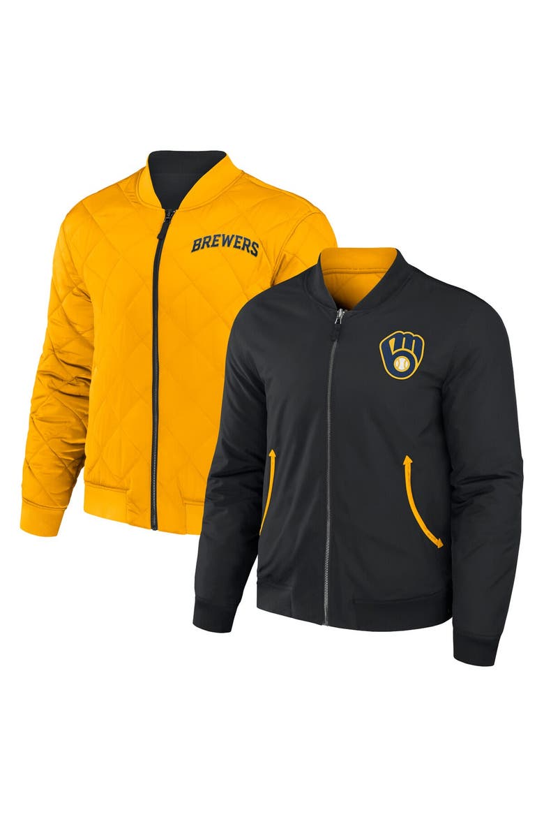 Men's Darius Rucker Collection by Fanatics Black/Gold Milwaukee Brewers Reversible Full-Zip Bomber Jacket, Main, color, Black