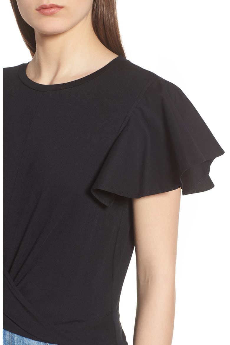Ruffle Sleeve Twist Hem Tee, Alternate, color, BLACK