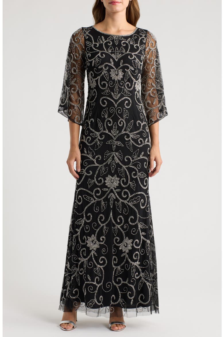 Beaded Three Quarter Sleeve Gown, Main, color, BLACK/ SILVER 013