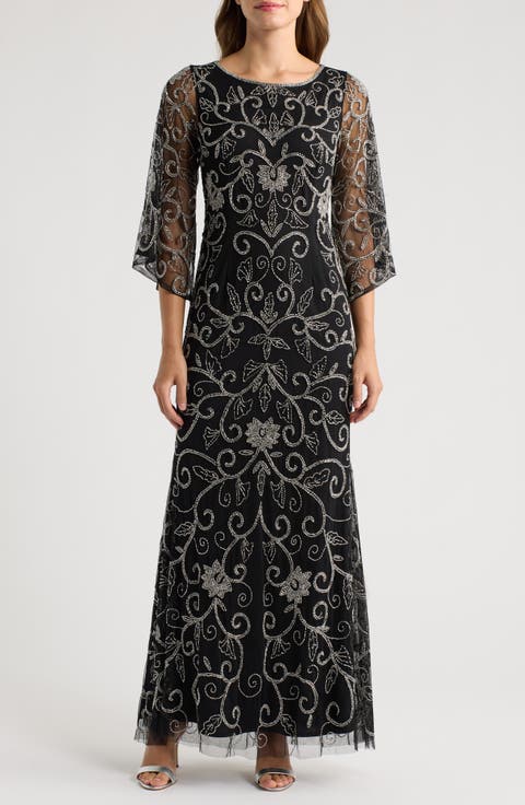 Beaded Three Quarter Sleeve Gown