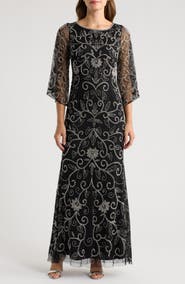 Pisarro Nights Beaded Three Quarter Sleeve Gown