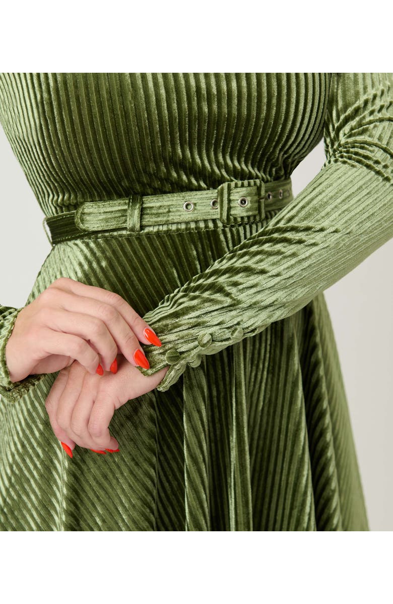 Unique Vintage Long Sleeve Belted Devon Swing Dress, Alternate, color, Olive Green
