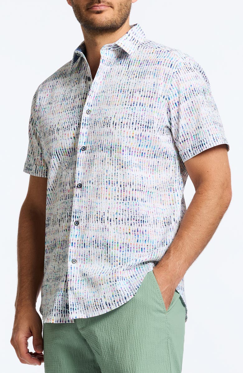 Robert Graham Ponza Stripe Short Sleeve Cotton Seersucker Button-Up Shirt, Alternate, color, Blue/ White Multi