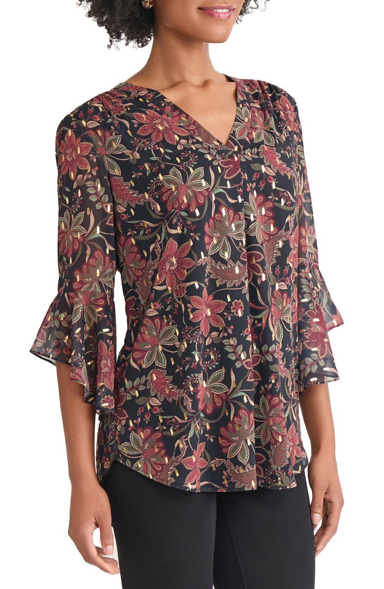 Jones New York Floral Flutter Sleeve Top, Alternate, color, Jones Black Multi