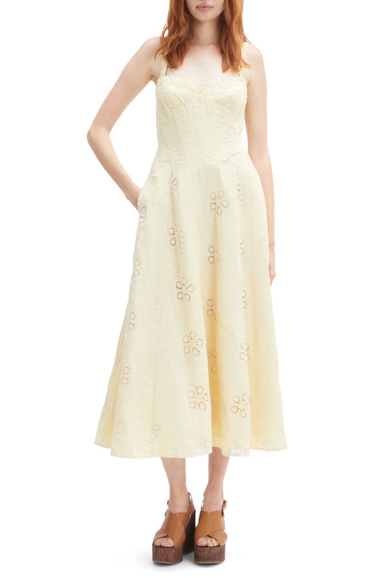 Lilah Floral Eyelet Lace Corset Midi Sundress, Main, color, YELLOW DAISY