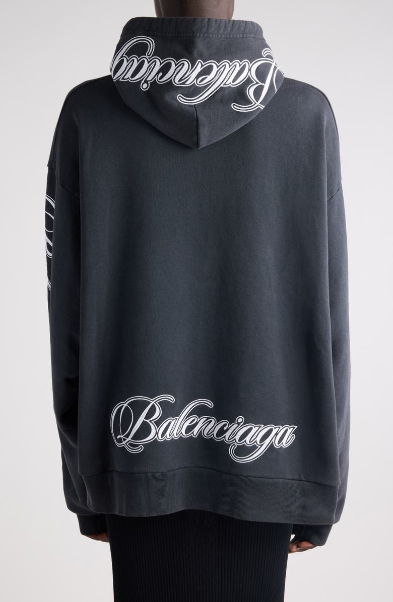 Balenciaga Oversize Logo Cotton Hoodie, Alternate, color, 6552 Washed Black 2/ White