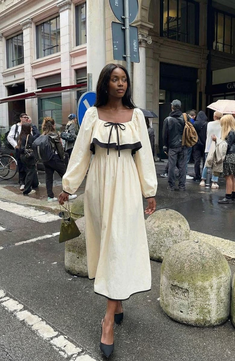 Modenaire Long Sleeve Ruffle Trim Midi Dress, Alternate, color, Ivory