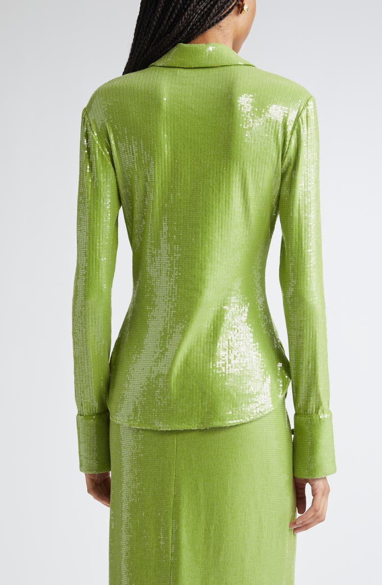 Oscar de la Renta Sequin Jersey Button-Up Shirt, Alternate, color, Fern