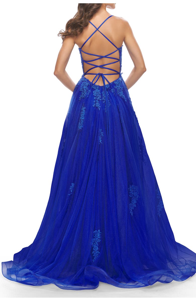 La Femme A-line Tulle Gown with Floral Embroidery and Pockets, Alternate, color, Royal Blue