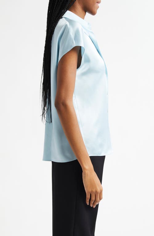 Vince Cap Sleeve Gathered Back Short Sleeve Silk Button-up Shirt In Blue