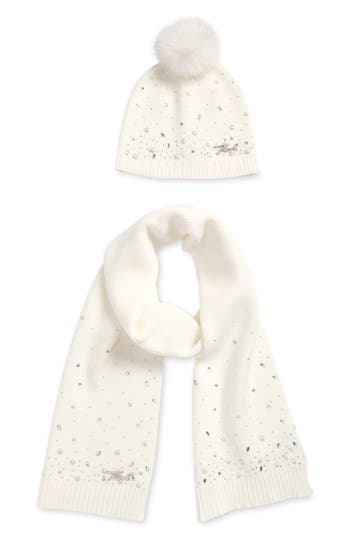 Karl Lagerfeld Paris Scattered Crystal Faux Fur Pompom Beanie & Scarf Set In White