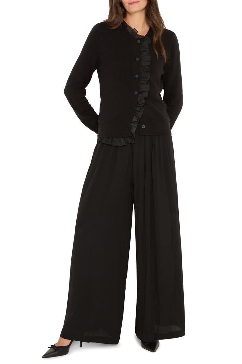 Mixed Media Ruffle Cardigan, Alternate, color, BLACK ONYX