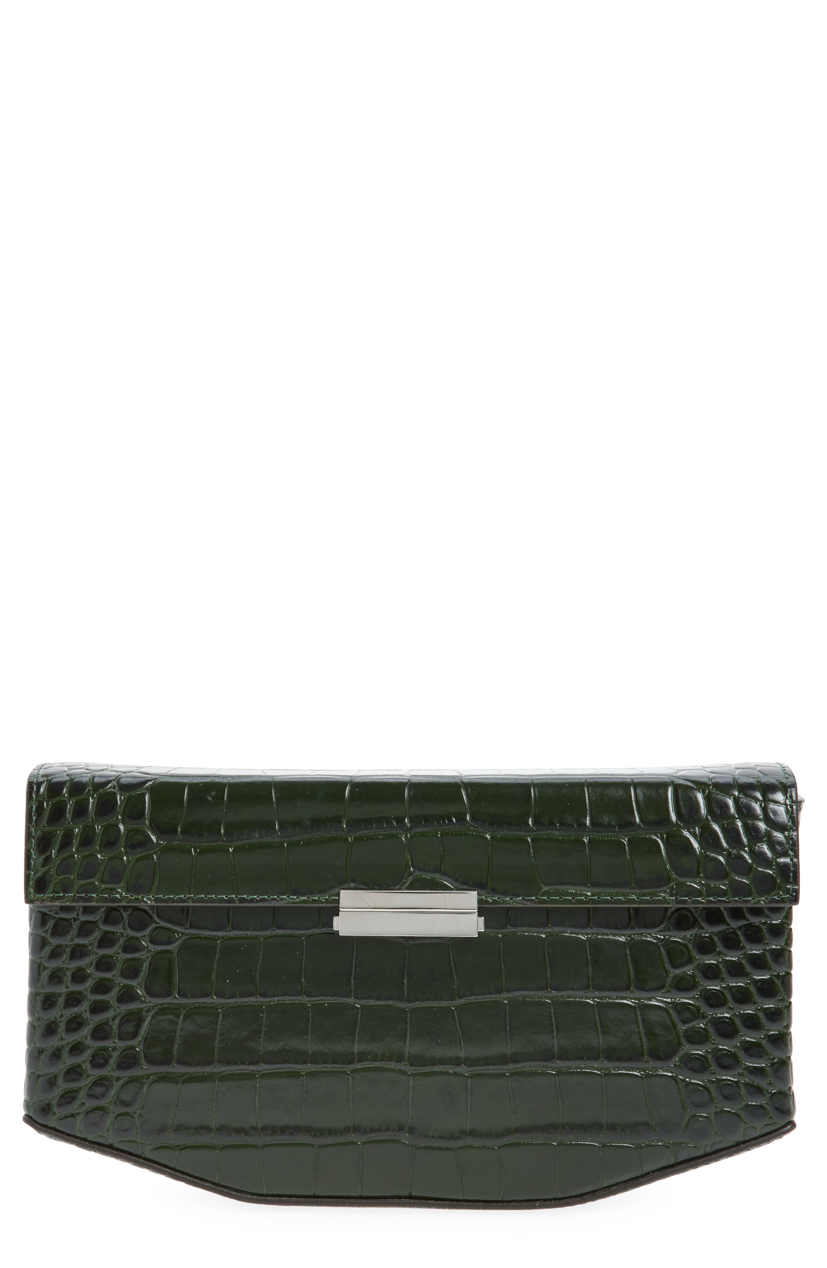 TOTEME Clip Croc Embossed Leather Clutch, Main, color, Dark Green