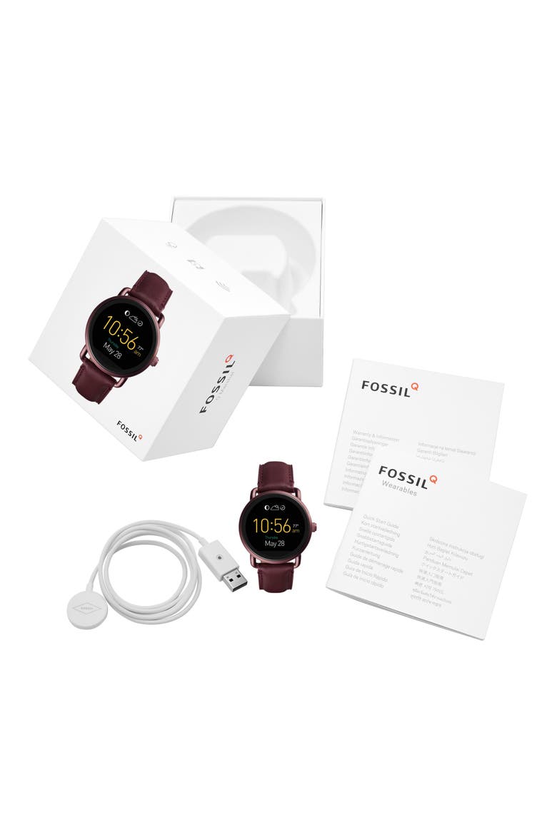 Wander Leather Strap Digital Smart Watch, 45mm, Alternate, color, WINE/ BLACK