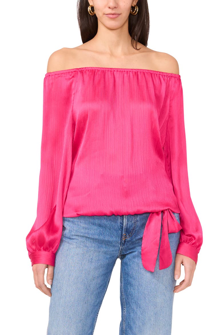 Off the Shoulder Tie Hem Long Sleeve Top, Main, color, BEETROOT PINK