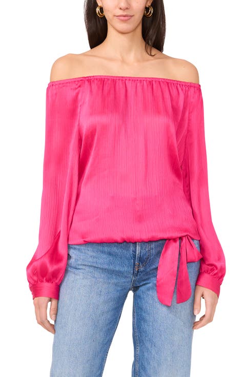 Off the Shoulder Tie Hem Long Sleeve Top