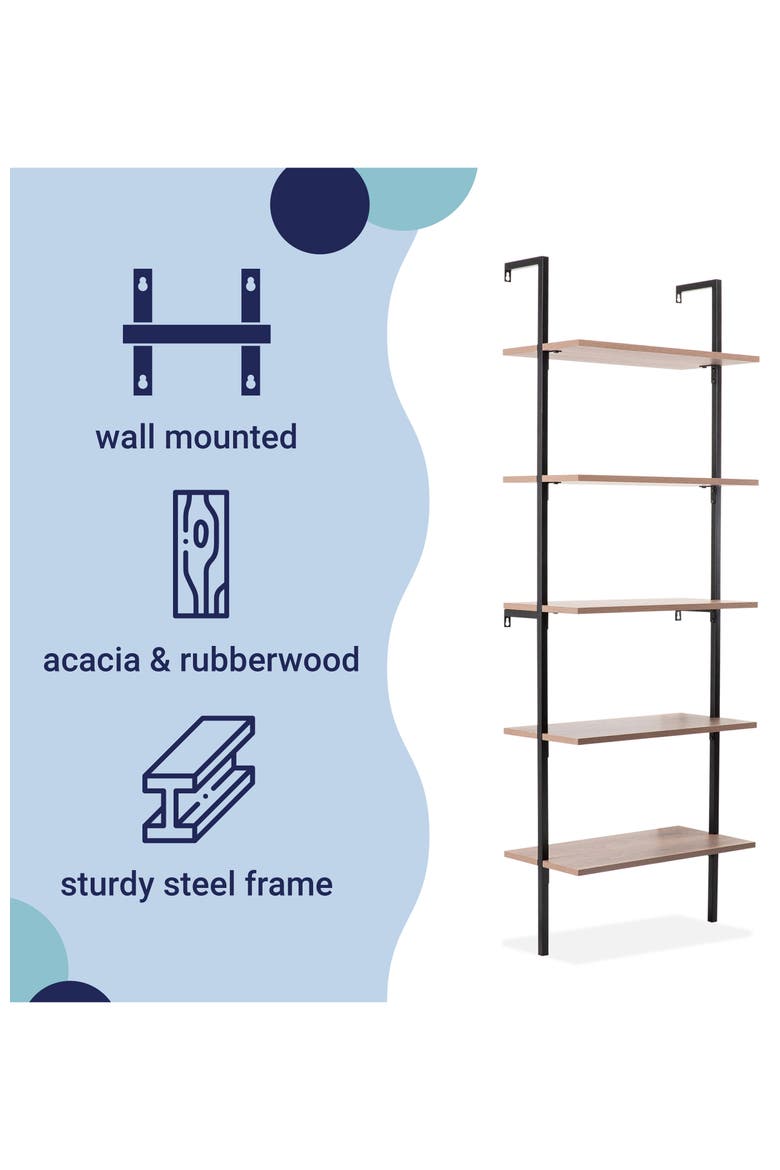 Madera Classic Industrial Shelf Wood Wall-Mounted Open Ladder Bookcase with Metal Frame, Alternate, color, Brown/Black