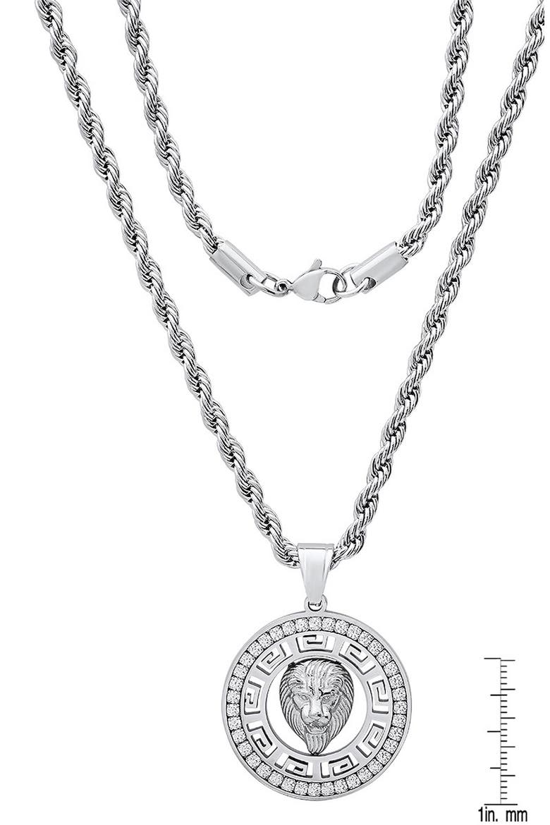 Men's Stainless Steel Simulated Diamond Lion Pendant Necklace, Alternate, color, SILVER