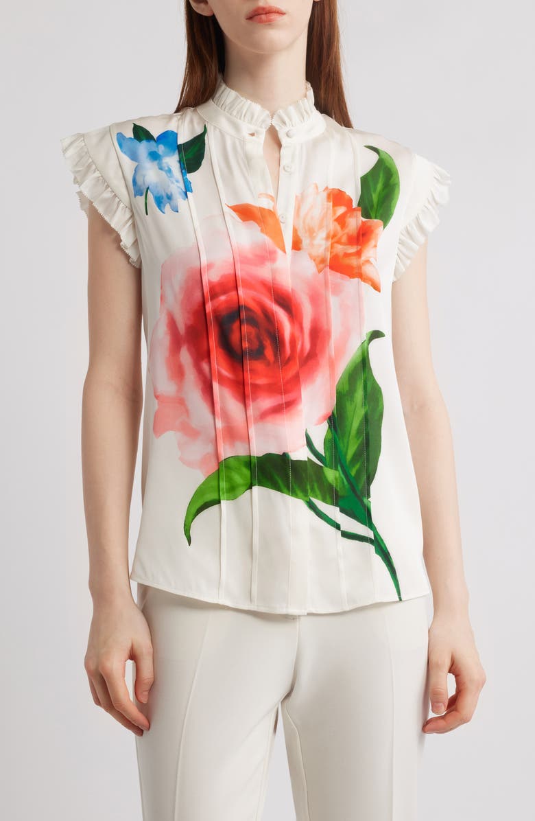 Elie Tahari The Chloe Ruffle Floral Stretch Silk Button-Up Shirt, Main, color, 