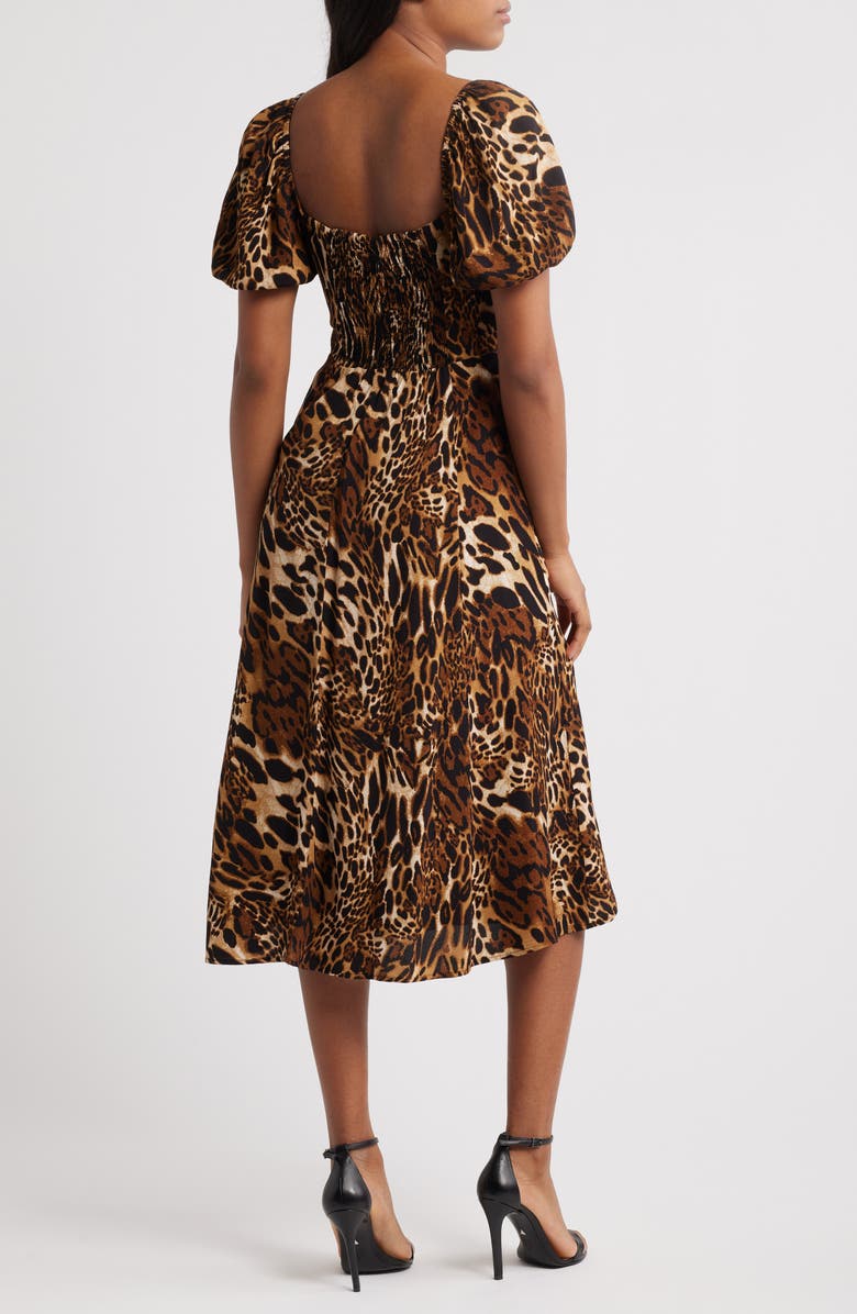 WAYF Leonie Leopard Print Puff Sleeve Midi Dress, Alternate, color, Leopard Print