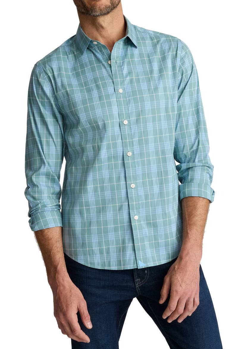 Lancaster Plaid Performance Button-Up Shirt, Main, color, GREEN BLUE