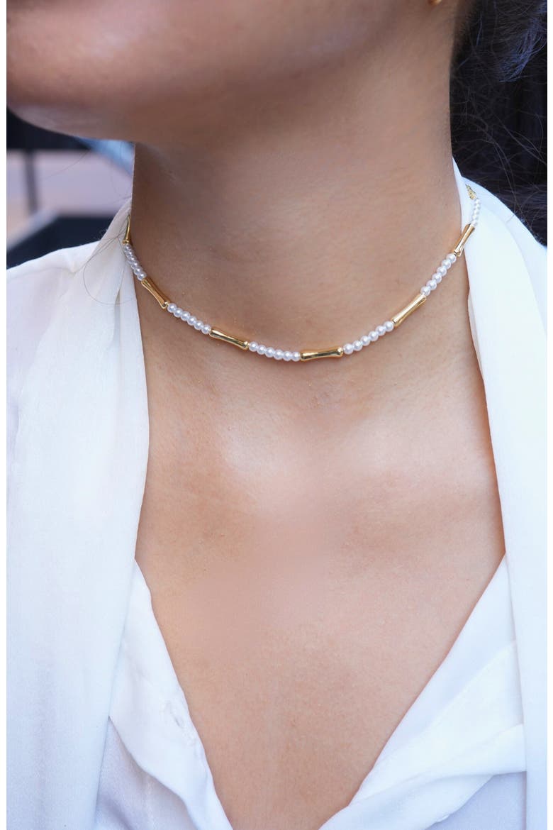 Bamboo & Faux Pearl Choker Necklace, Alternate, color, GOLD