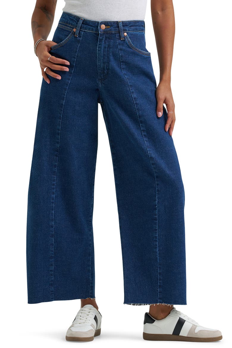 Cowboy Raw Hem Seamed High Waist Ankle Barrel Jeans, Main, color, DENIM DELIGHT