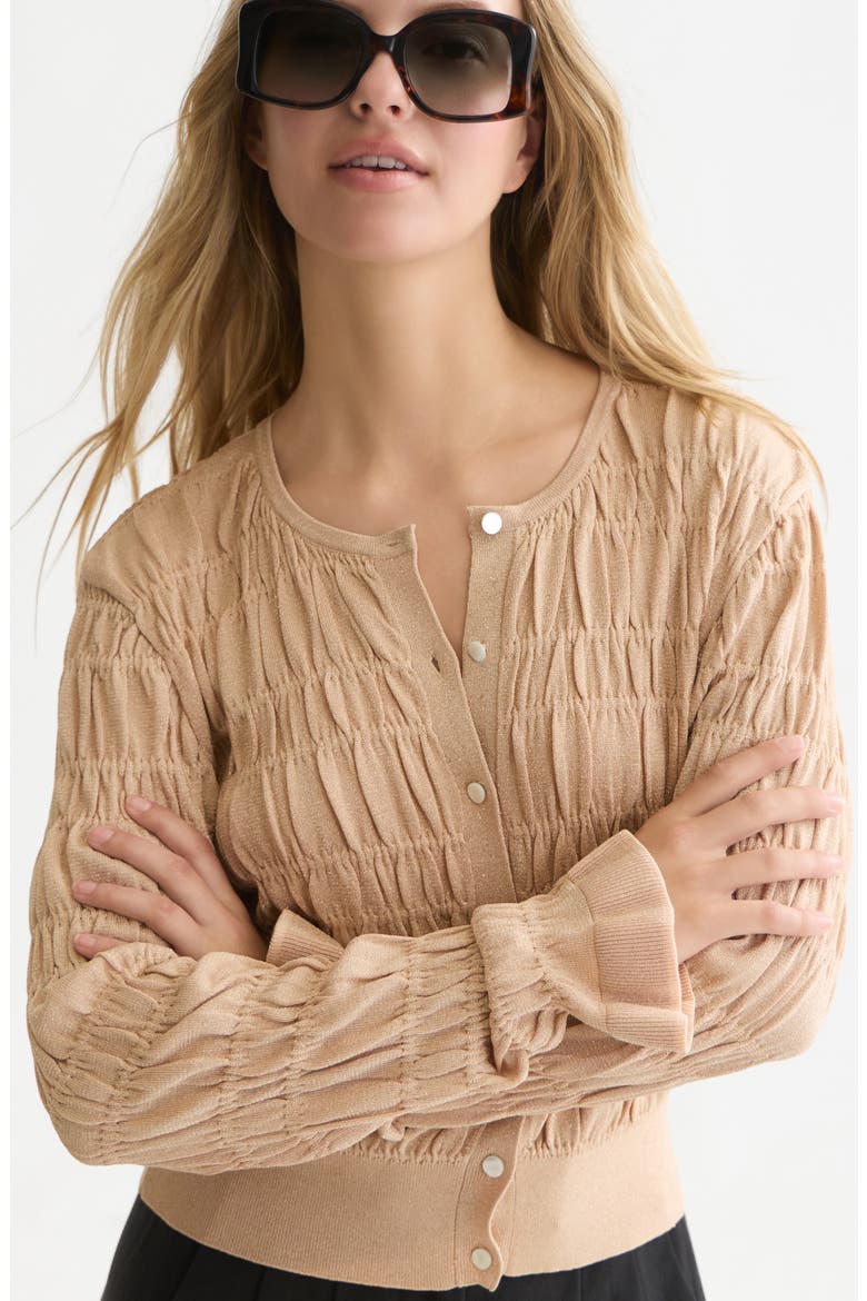 Smock Stitch Crewneck Cardigan, Alternate, color, SHIFTING SAND