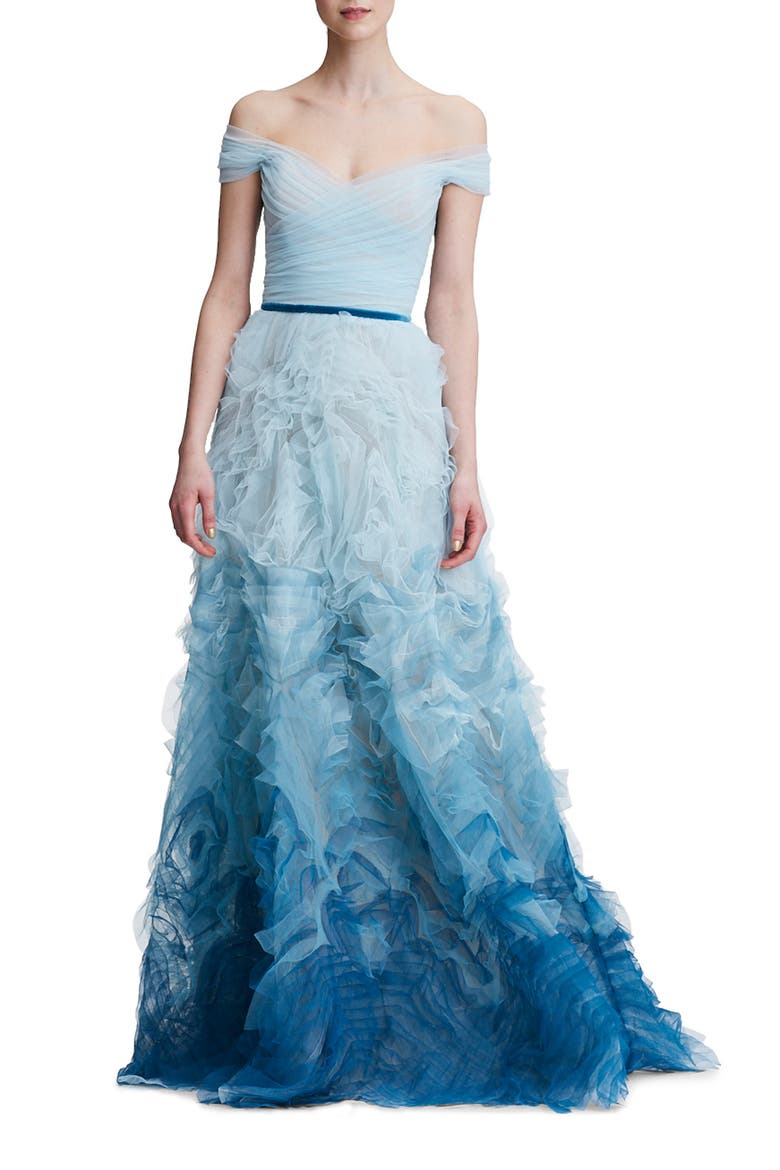 Ombré Off The Shoulder Gown, Main, color, LIGHT BLUE