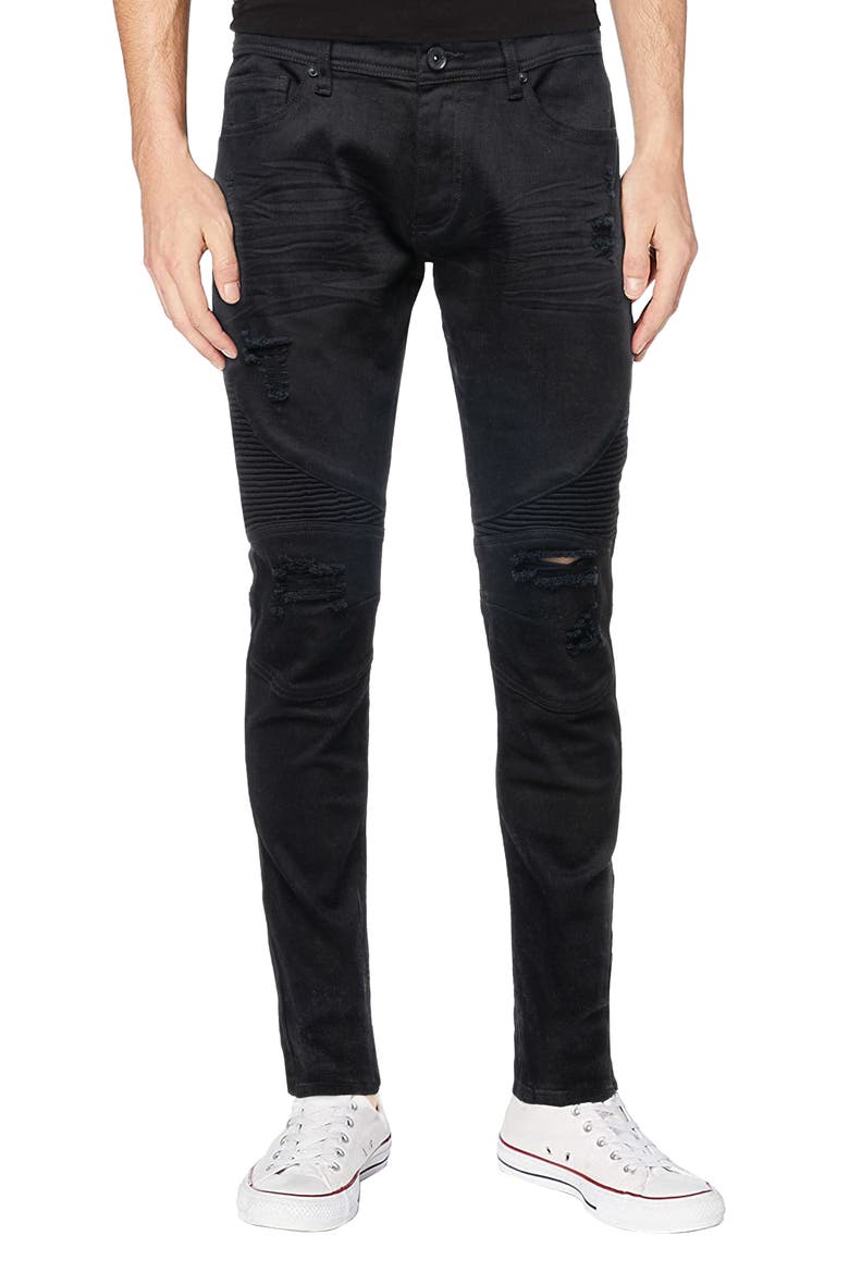 Raw X Distressed Moto Slim Jeans, Main, color, JET BLACK