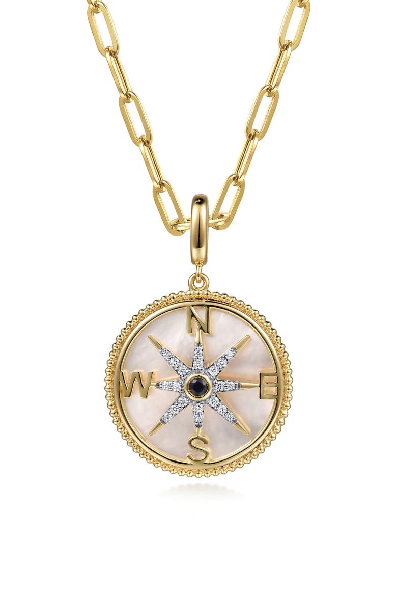 14k Gold Diamond & Mother of Pearl Compass Pendant, Alternate, color, 14K YELLOW GOLD