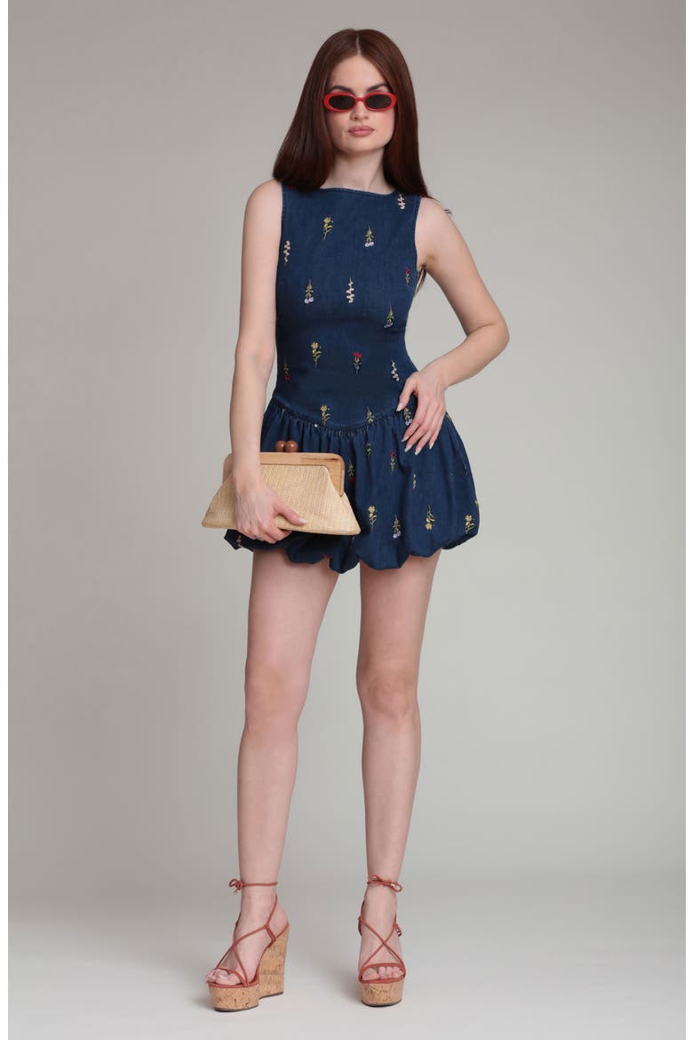 Embroidered Bubble Hem Denim Minidress, Alternate, color, MONARCH BOTANICAL