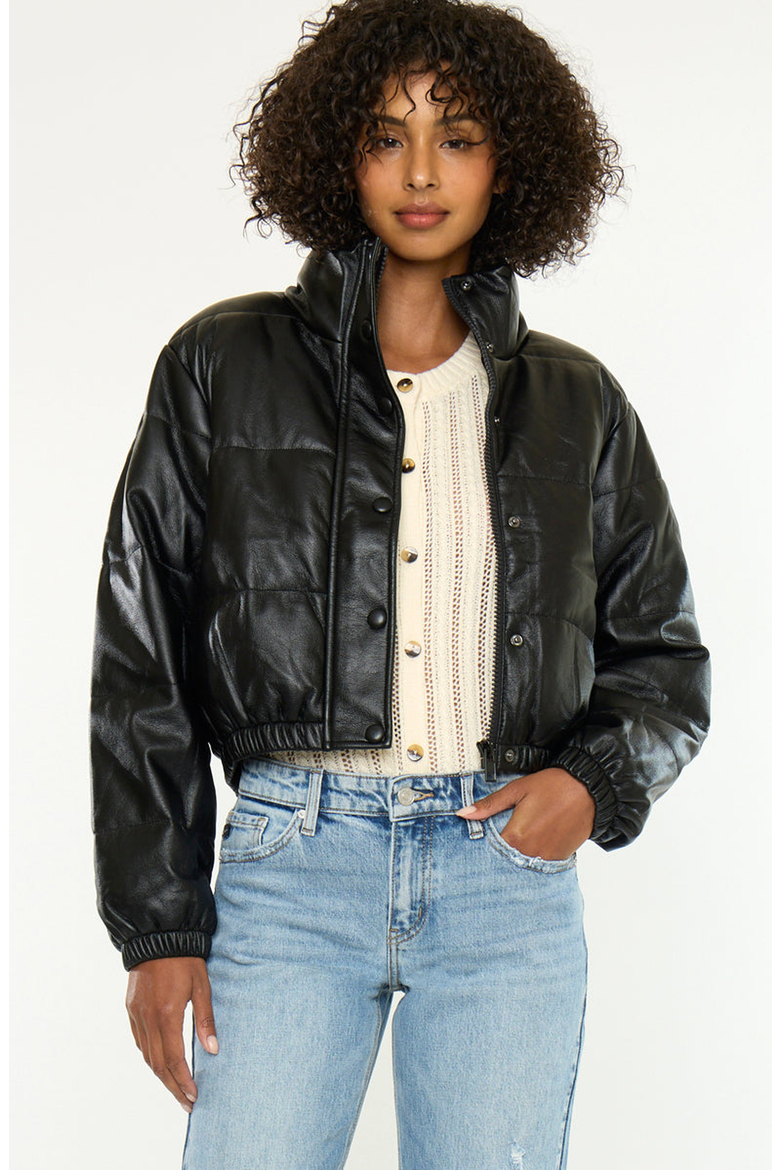 Taylor Cropped Faux Leather Puffer Jacket, Main, color, Black