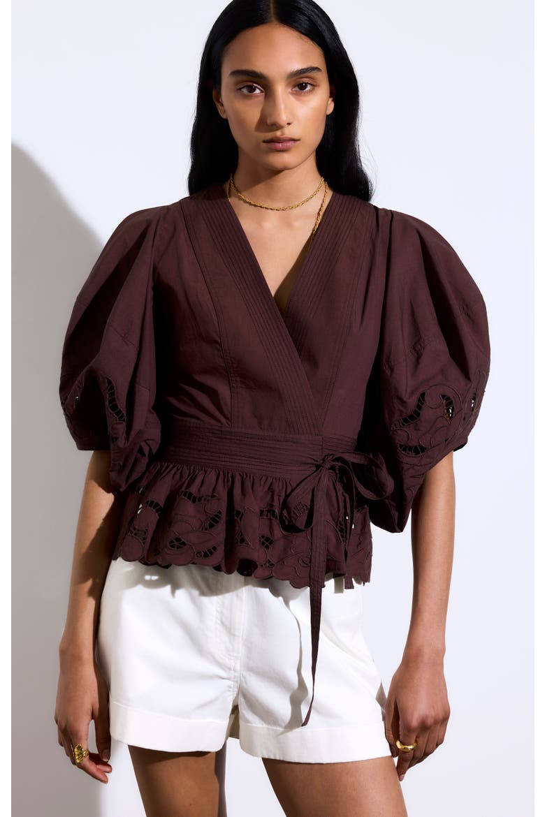 Gunner Embroidered V-Neck Wrap Blouse, Main, color, Chocolat