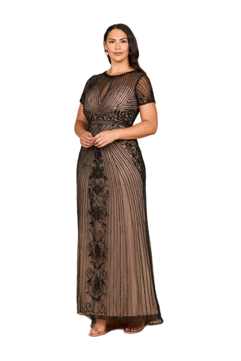 Beaded Cap Sleeve Illusion Plunge Gown, Main, color, Black
