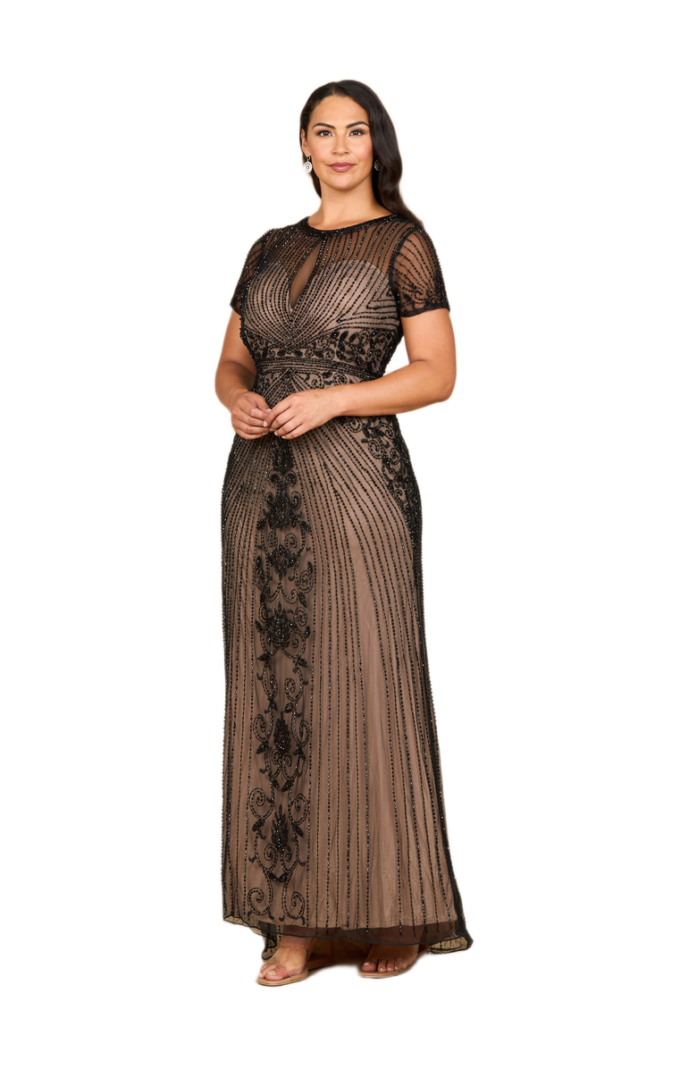 LARA New York Beaded Cap Sleeve Illusion Plunge Gown, Main, color, Black