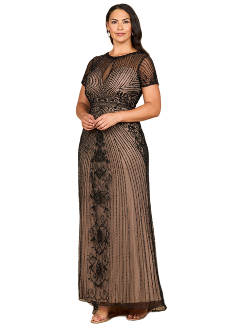 Beaded Cap Sleeve Illusion Plunge Gown