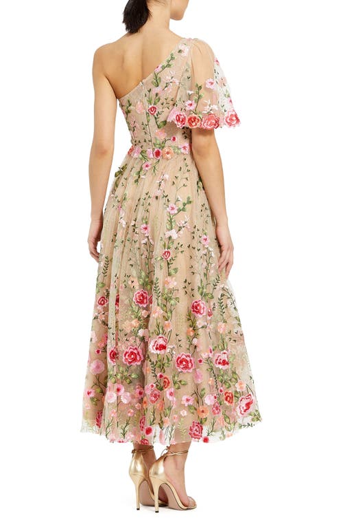 Mac Duggal One Shoulder Floral Lace Embroidered Dress In Pink Multi
