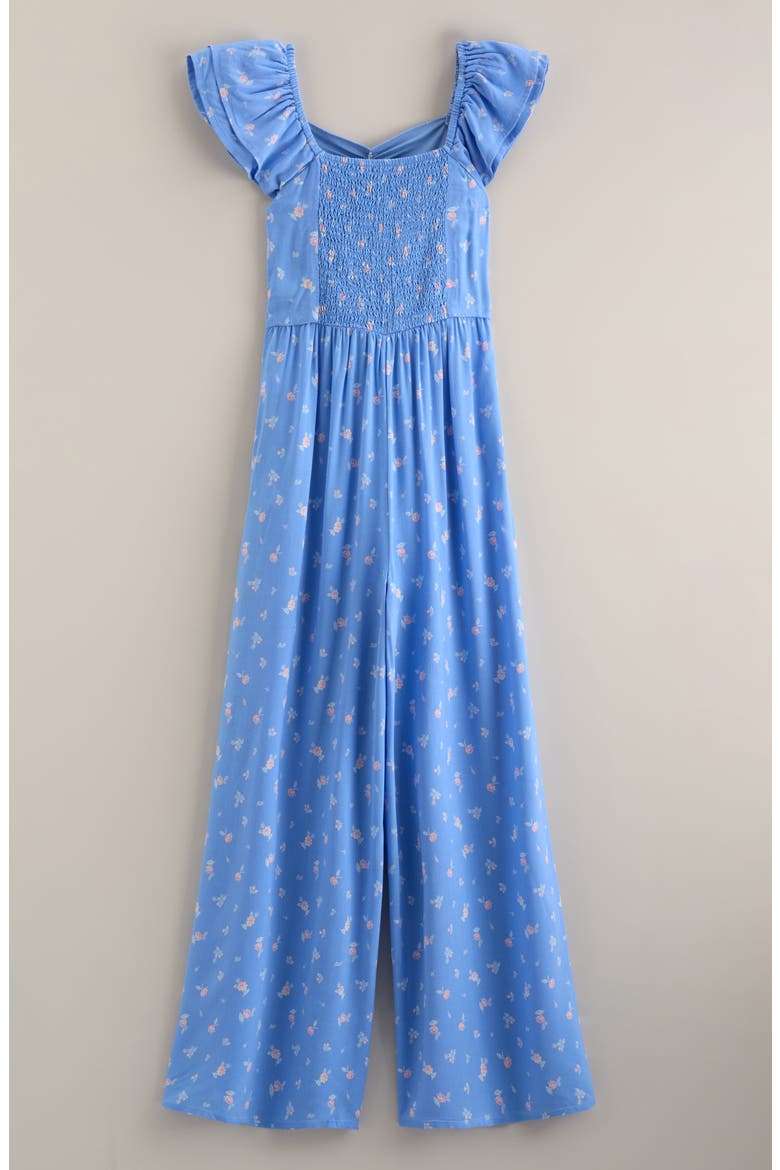 Kids' Flutter Sleeve Jumpsuit, Alternate, color, BLUE ROBBIA ROSEBUDS