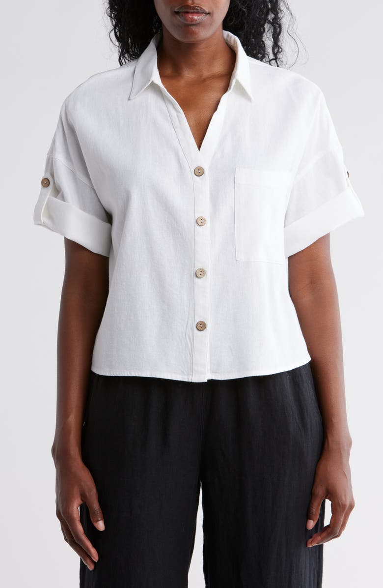 Ellen Tracy Boxy Short Sleeve Crop Button-Up Shirt, Main, color, White