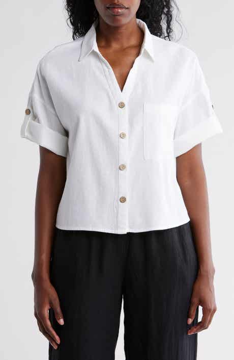Ellen Tracy Boxy Short Sleeve Crop Button-Up Shirt