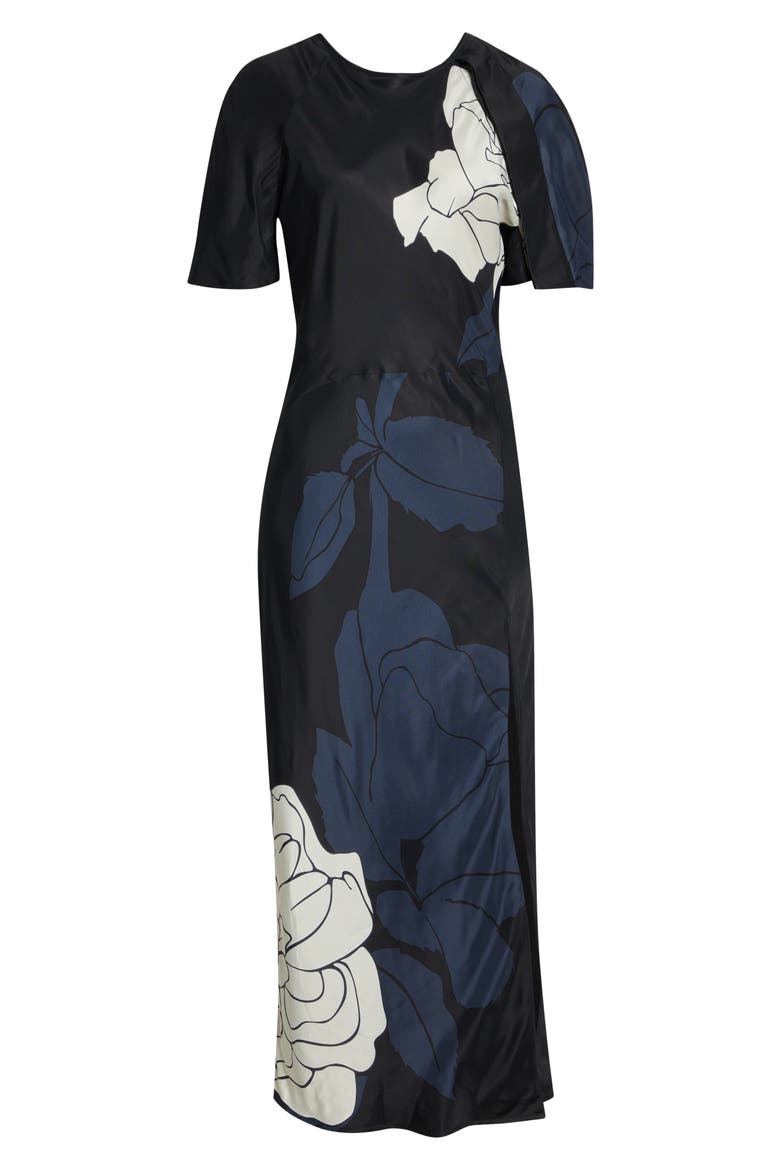 Floral Print Split Hem Midi Dress, Alternate, color, DARK NAVY PALE ROSE