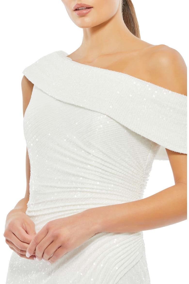 Metallic One-Shoulder Evening Gown, Alternate, color, WHITE