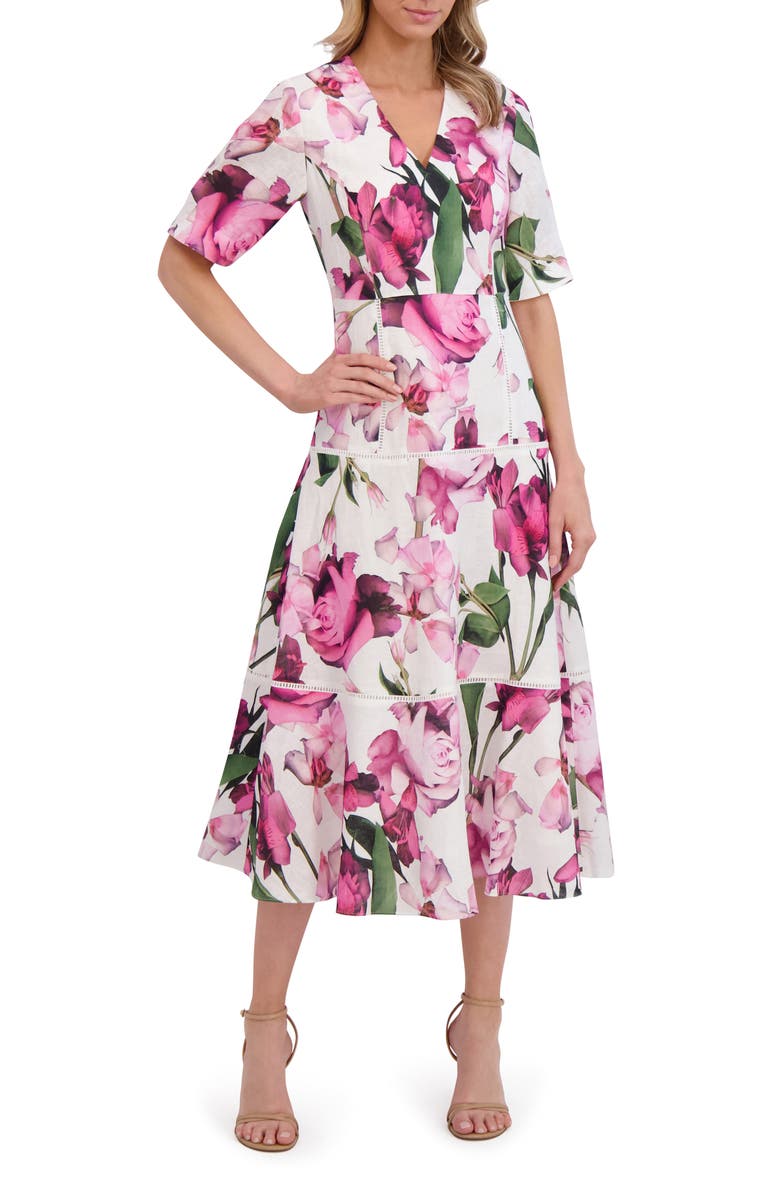Ted Baker Floral Print V-Neck Linen Dress, Main, color, Ultra White