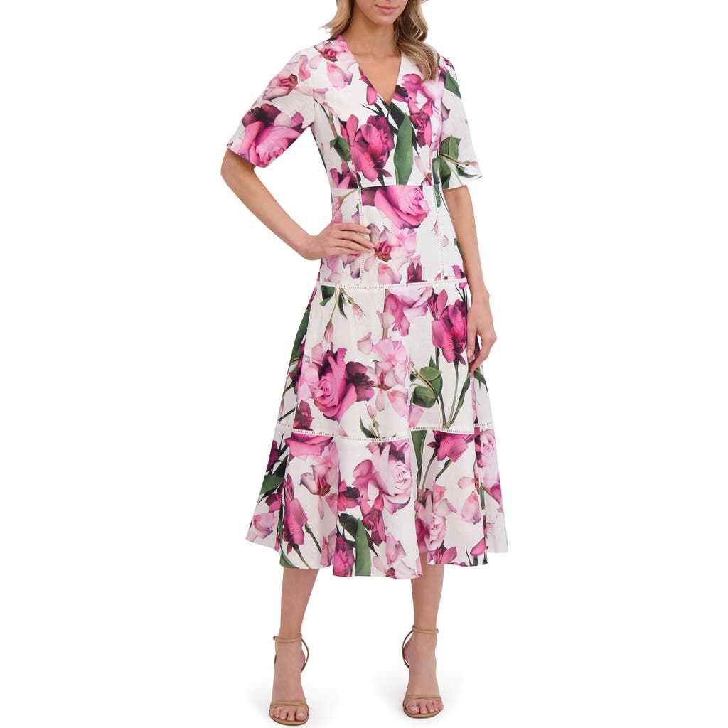 TED BAKER TED BAKER FLORAL PRINT V-NECK LINEN DRESS